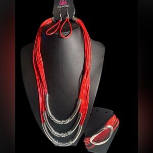 Paparazzi Red and Silver Necklace & Bracelet Set